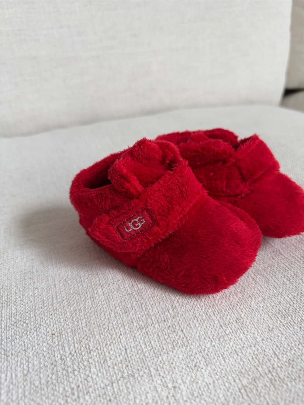 UGG Plush Red Baby Booties with Logo Strap